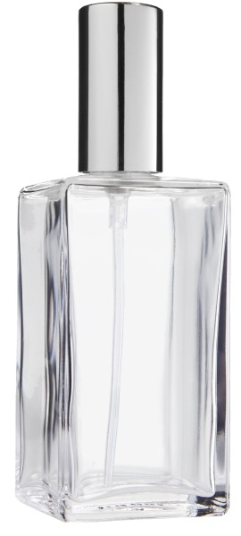 Klarglas-Flasche, eckig, mit Zerstäuberpumpe + Kappe silber für 100 ml