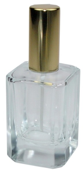 Flakon, Quadrat, mit Zerstäuberpumpe + Kappe gold, für 50 ml