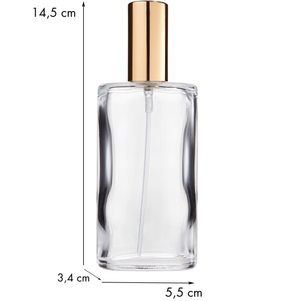 Klarglas-Flasche, oval, mit Zerstäuberpumpe + Kappe gold für 100 ml