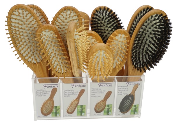 Aufsteller mit 12 Haarbürsten Bambus-Holz