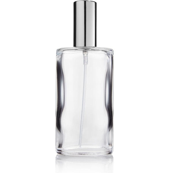Klarglas-Flasche, oval, mit Zerstäuberpumpe + Kappe silber für 100 ml