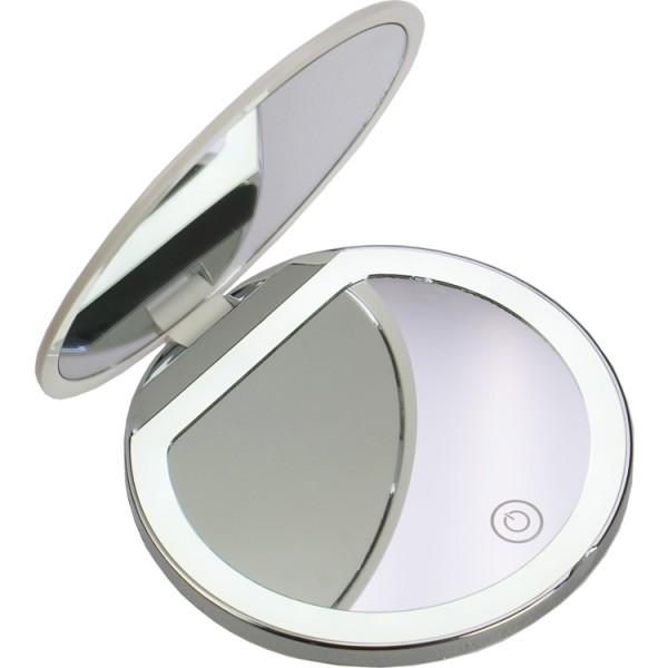 Taschenspiegel, rund, Weiss, mit 2-fach Vergrösserung, LED-Beleuchtung, 8x8 cm