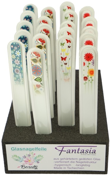 Display mit 20 Glasfeilen 4 Motive, sortiert