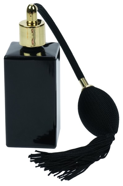 Tischzerstäuber, Glas, Schwarz glänzend,für 100 ml, mit Ball-pumpe, Breite 4 cm, Höhe 13 cm