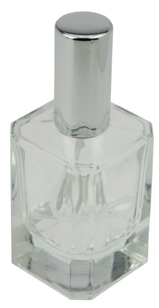Flakon, Quadrat, mit Zerstäuberpumpe + Kappe silber, für 50 ml