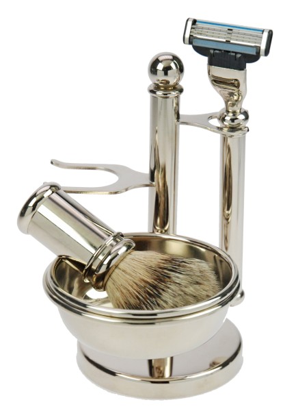 Rasier-Set Chrom mit Schale, Pinsel Rein Dachs Silberspitz, Rasierer mit Mach3 Klinge